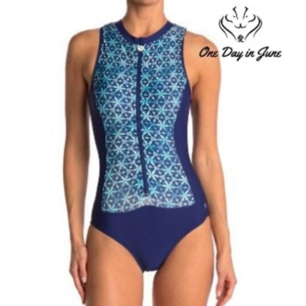 Jakarta Zip Front Navy Blue Patterned One-Piece Swimsuit in medium